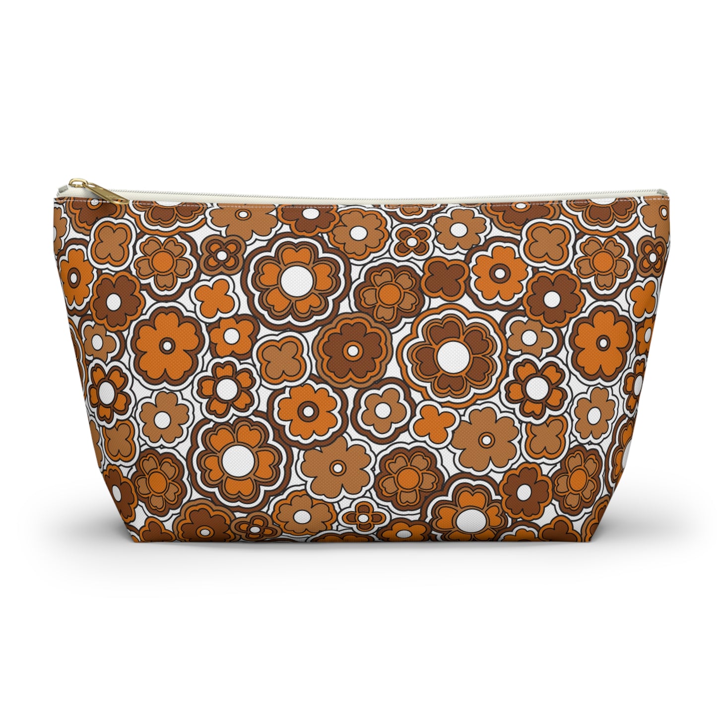 Flower Power Retro Brown Print  Accessory Pouch w T-bottom