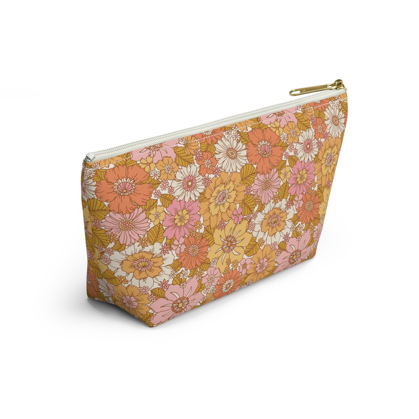 Peachy Golden Retro Floral Print Design Accessory Pouch w T-bottom