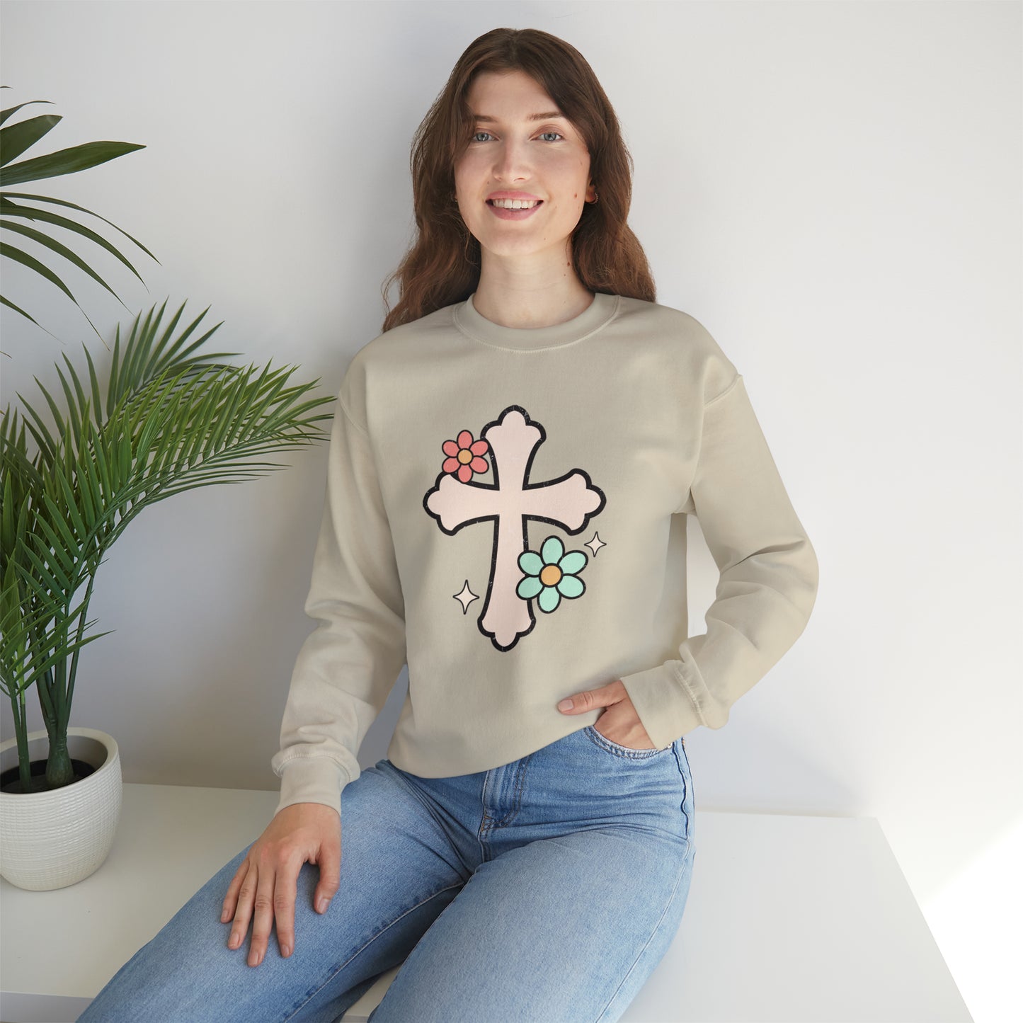 Vintage Floral Cross Design Heavy Blend™ Crewneck Sweatshirt