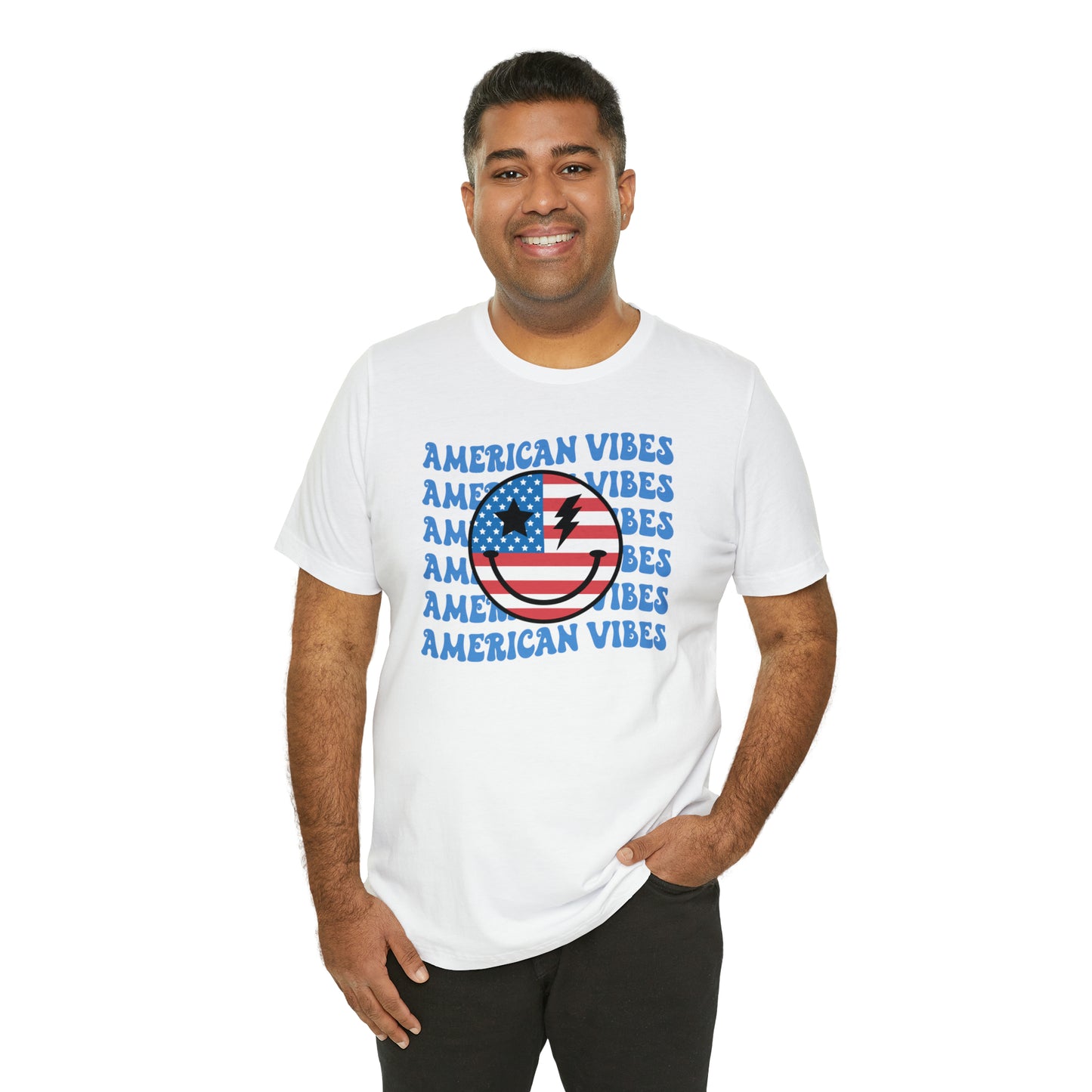 USA American Vibes American Flag Smiley Face Unisex Jersey Short Sleeve Tee