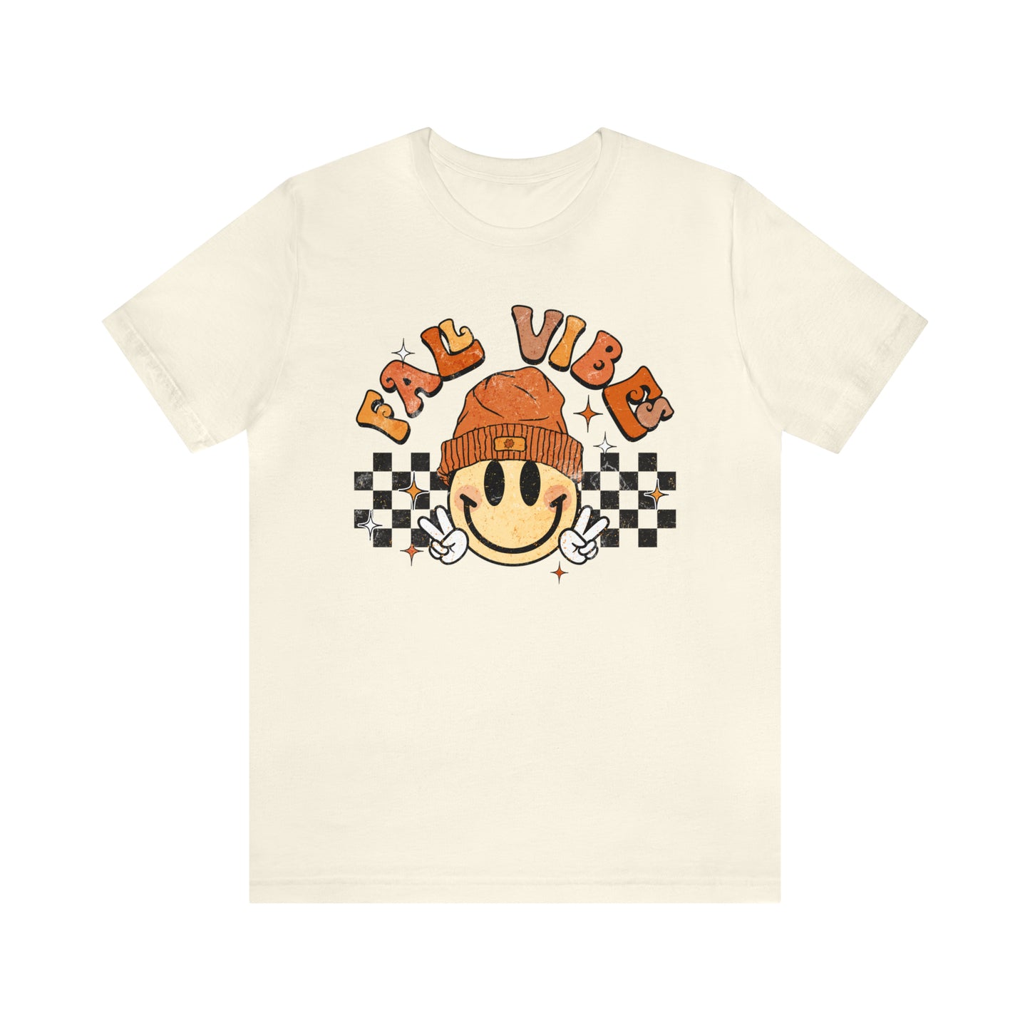 Distressed Halloween Fall Vibes Smiley Face with Beanie and Peace Sign T-Shirt