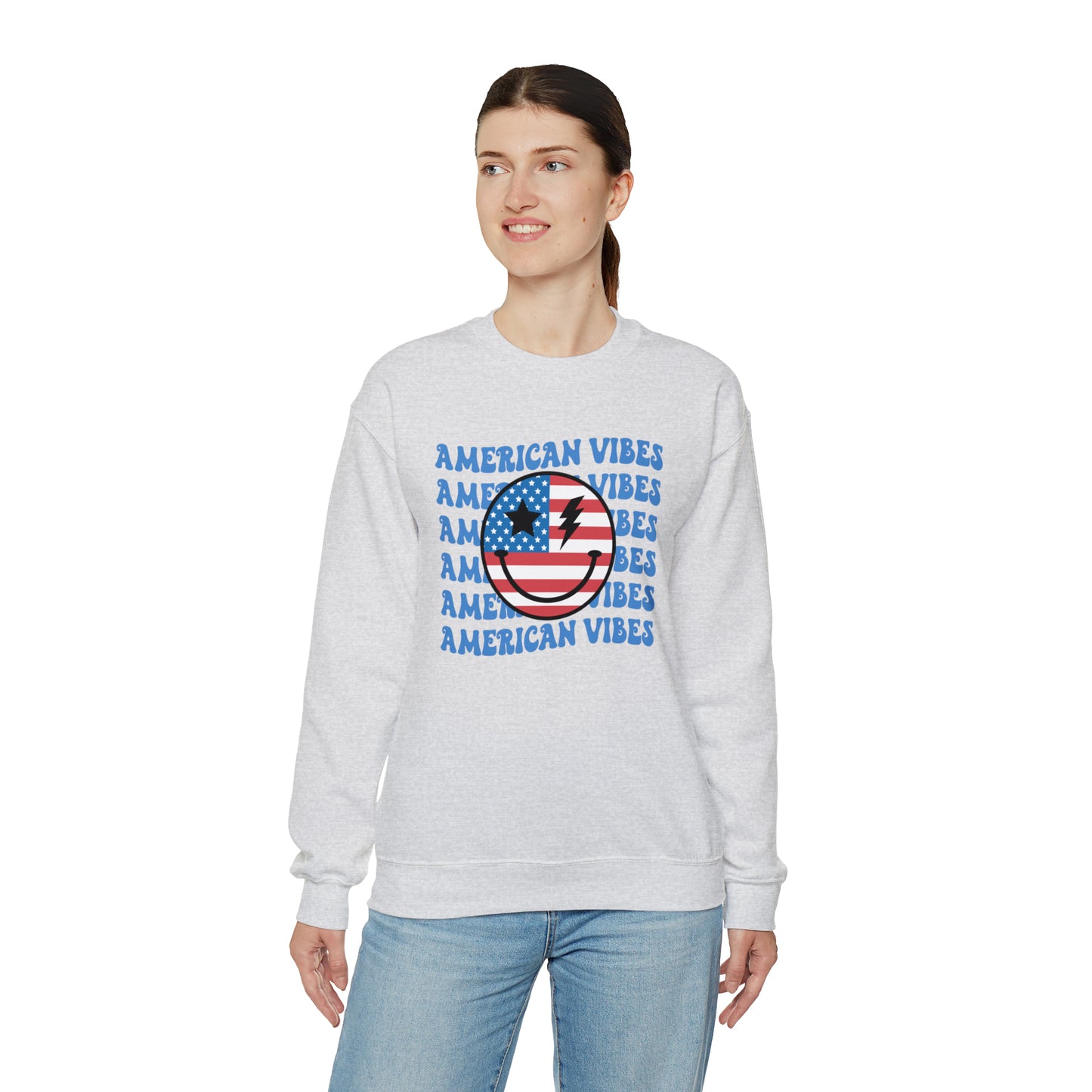 USA American Vibes Flag Smiley Face Heavy Blend™ Crewneck Sweatshirt
