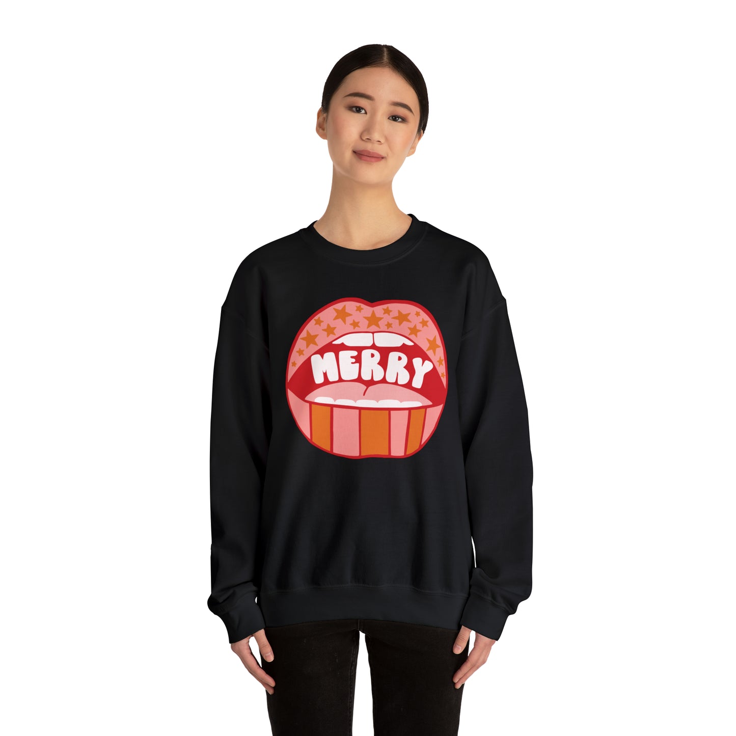 Christmas Holiday Merry Lips Stripes and Stars Unisex Heavy Blend™ Crewneck Sweatshirt