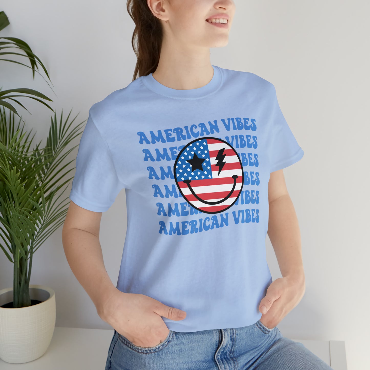 USA American Vibes American Flag Smiley Face Unisex Jersey Short Sleeve Tee