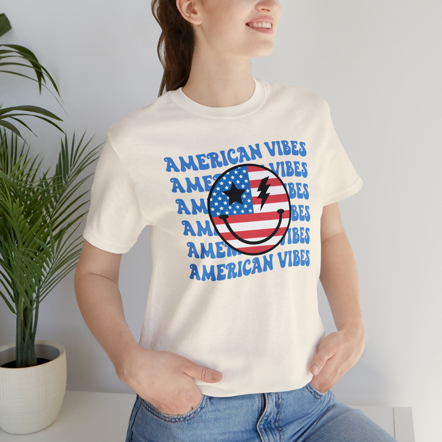 USA American Vibes American Flag Smiley Face Unisex Jersey Short Sleeve Tee