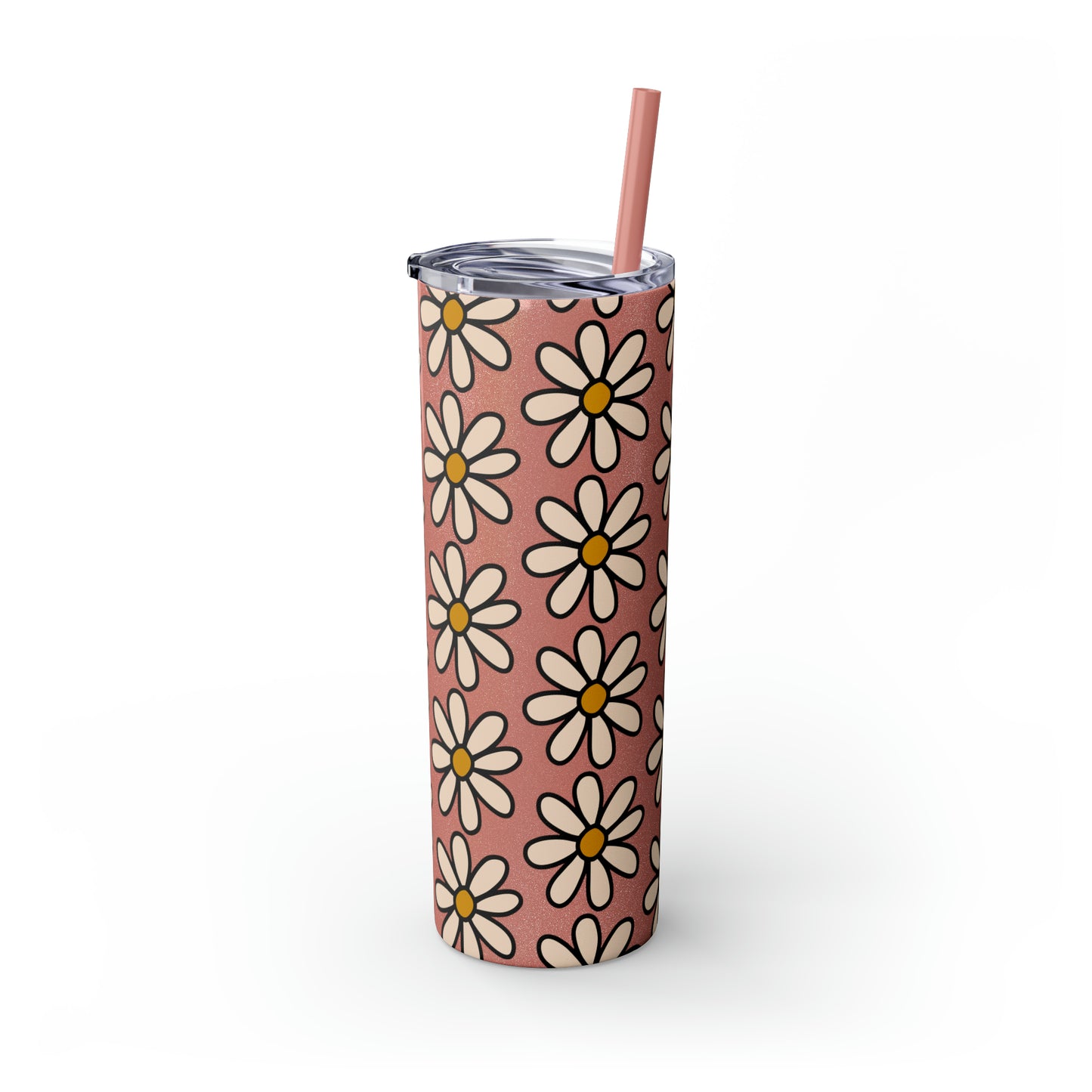 Peach Daisy Print Skinny Tumbler with Straw, 20oz