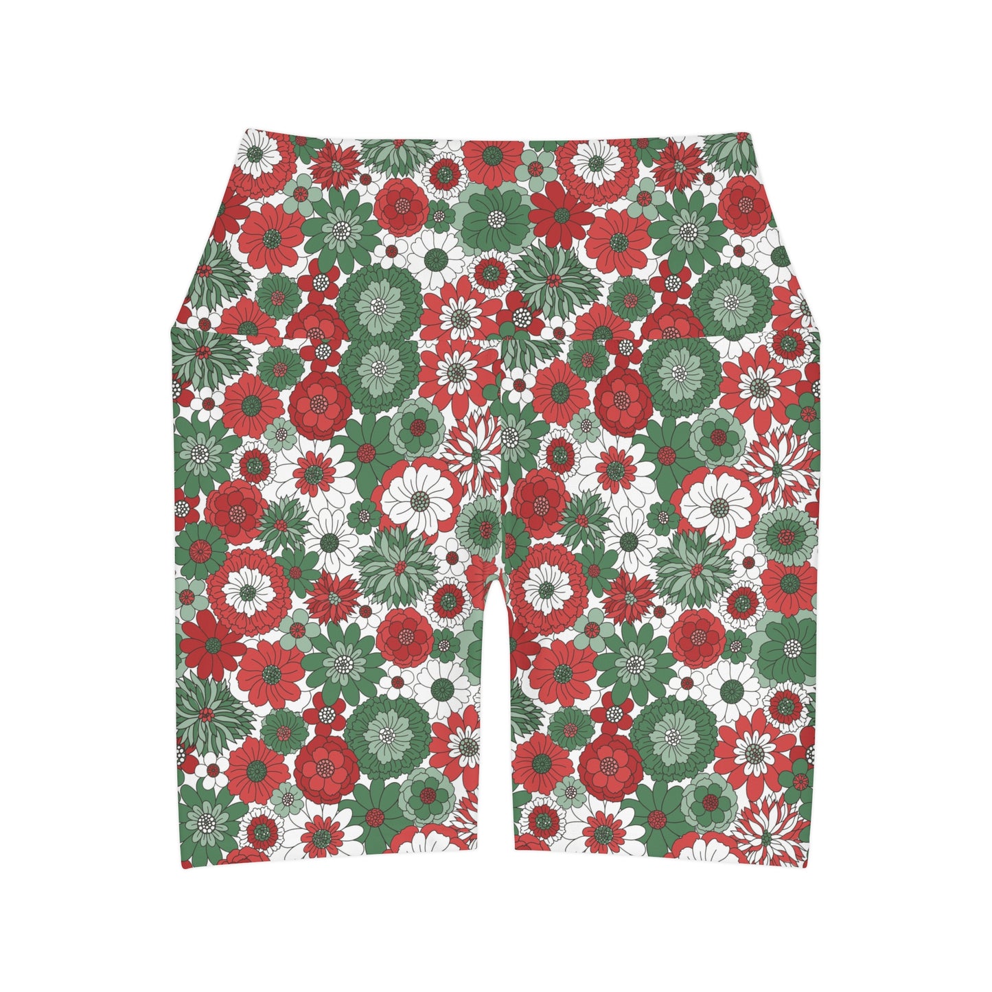 Retro Christmas Holiday Floral Red Green and White Yoga Shorts