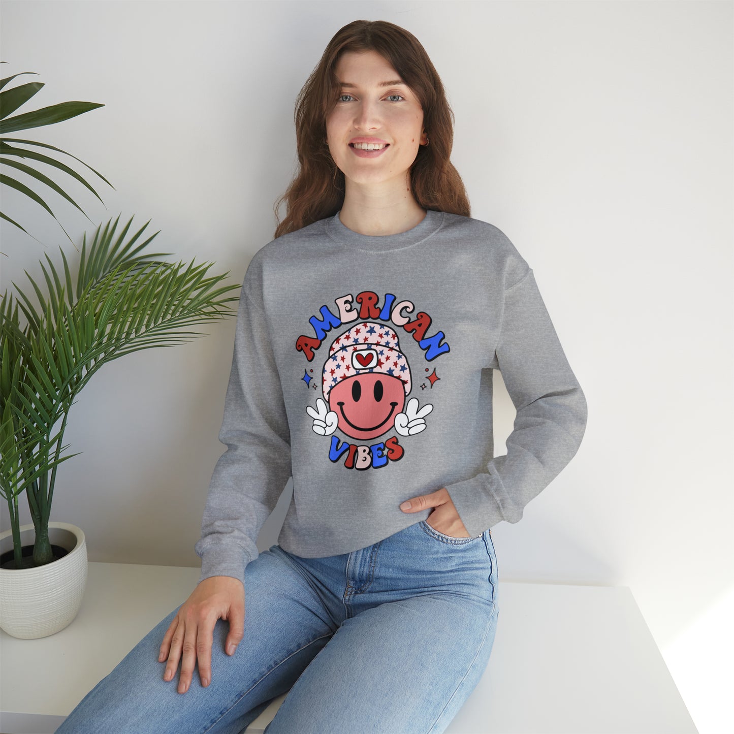 USA American Vibes Smiley Face with Heart Beanie and Peace Signs Heavy Blend™ Crewneck Sweatshirt