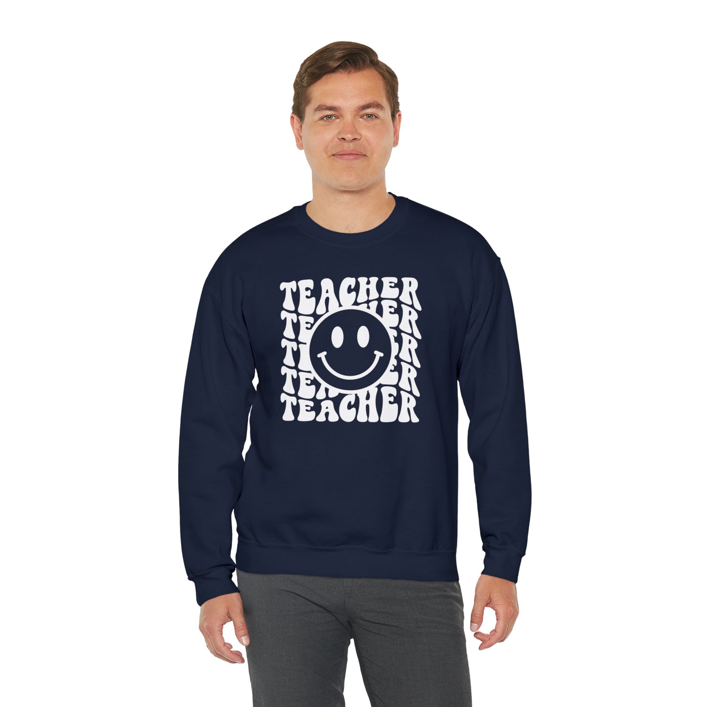 Teacher with Smiley Face White Logo Unisex Heavy Blend™ Crewneck Sweatshirt