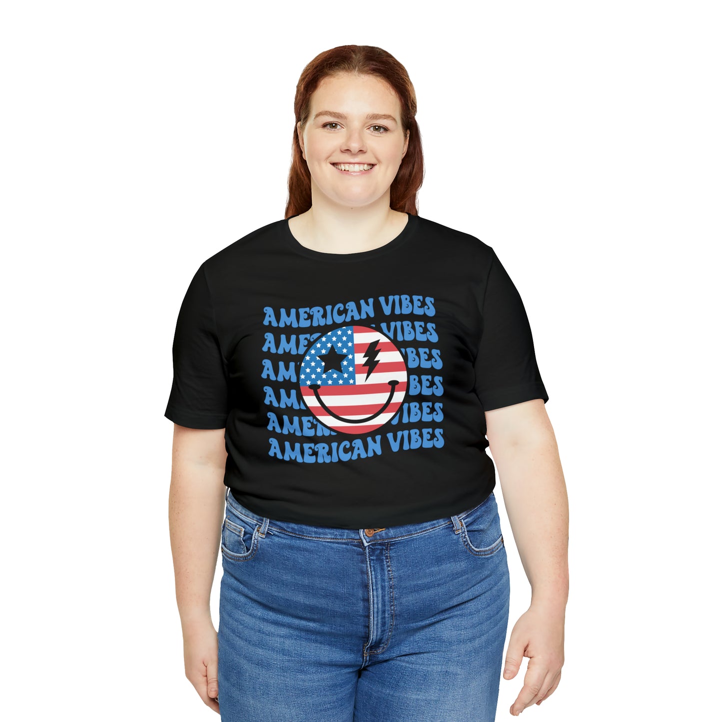 USA American Vibes American Flag Smiley Face Unisex Jersey Short Sleeve Tee