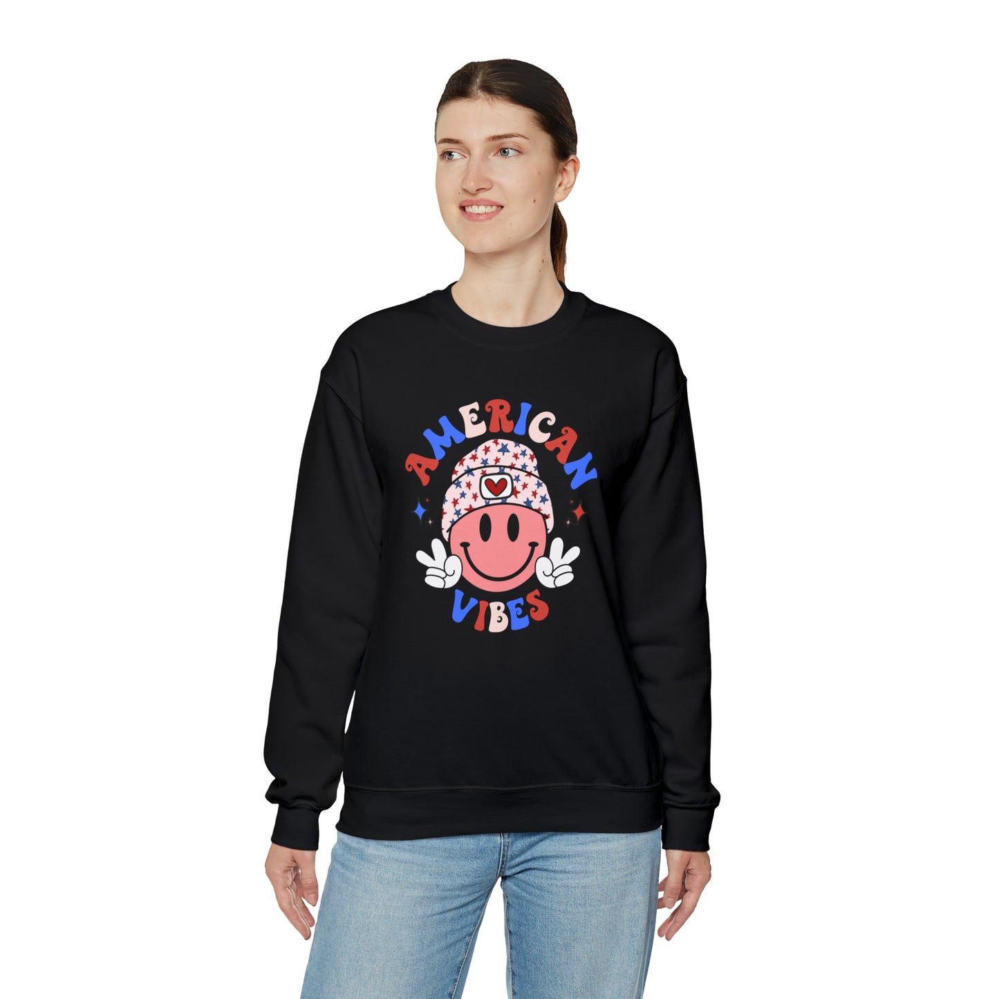 USA American Vibes Smiley Face with Heart Beanie and Peace Signs Heavy Blend™ Crewneck Sweatshirt