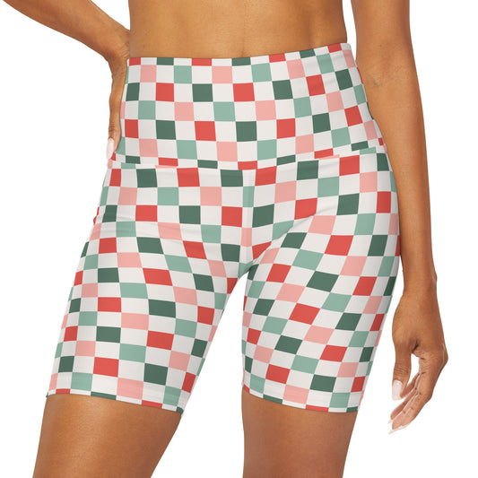 Retro Christmas Checkerboard Yoga Shorts