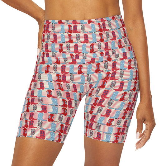 USA American Country Cowboy Boots and Stripes Pattern Yoga Shorts