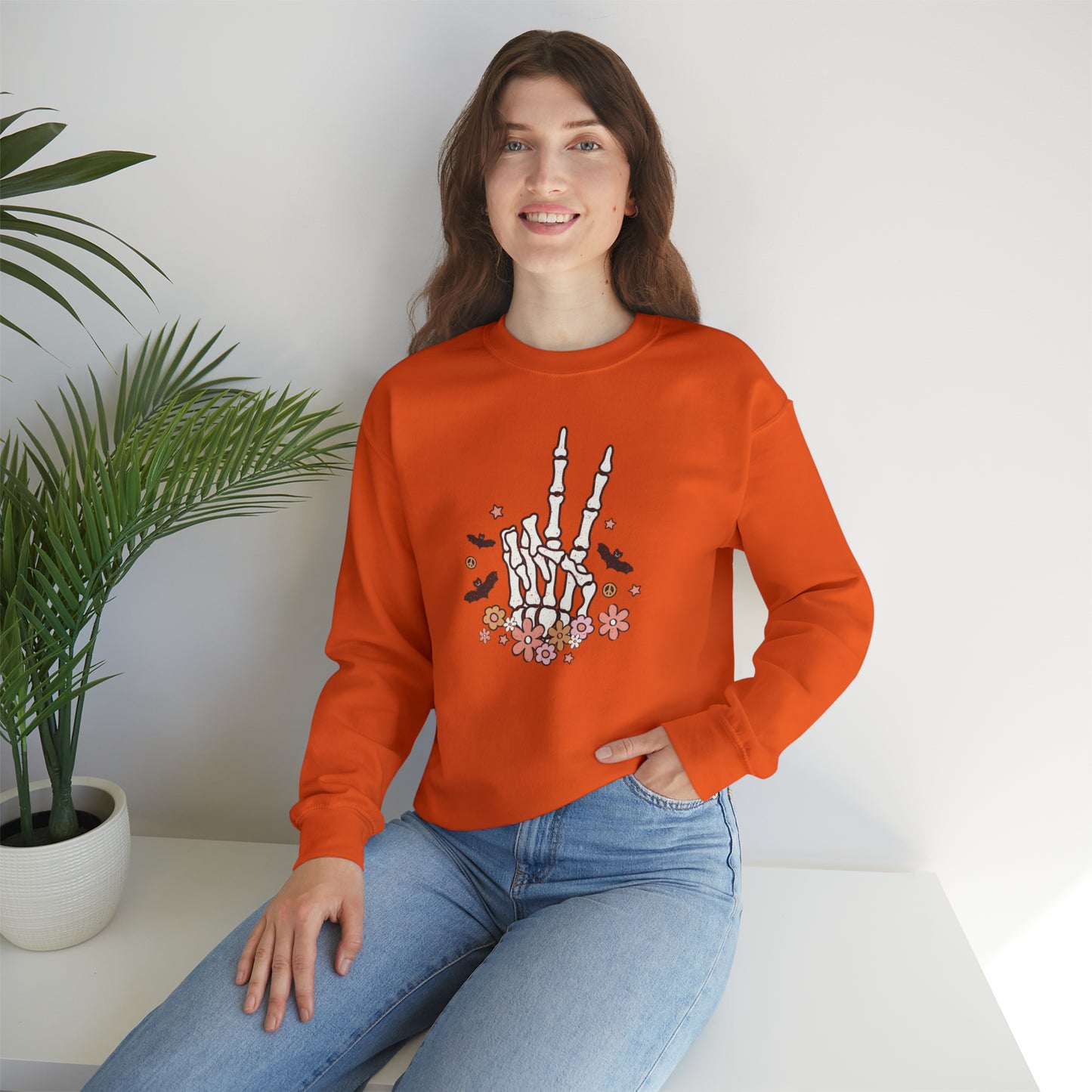 Boho Skeleton Floral Piece Sign Hand Fall Halloween Retro Warm Colored  Unisex Heavy Blend™ Crewneck Sweatshirt