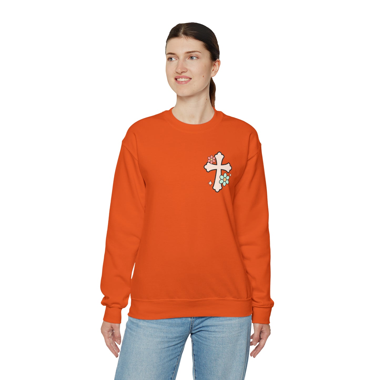 Vintage Grow in Grace with Cross Boho Color Print -  Front and Back Design Heavy Blend™ Crewneck Sweatshirt