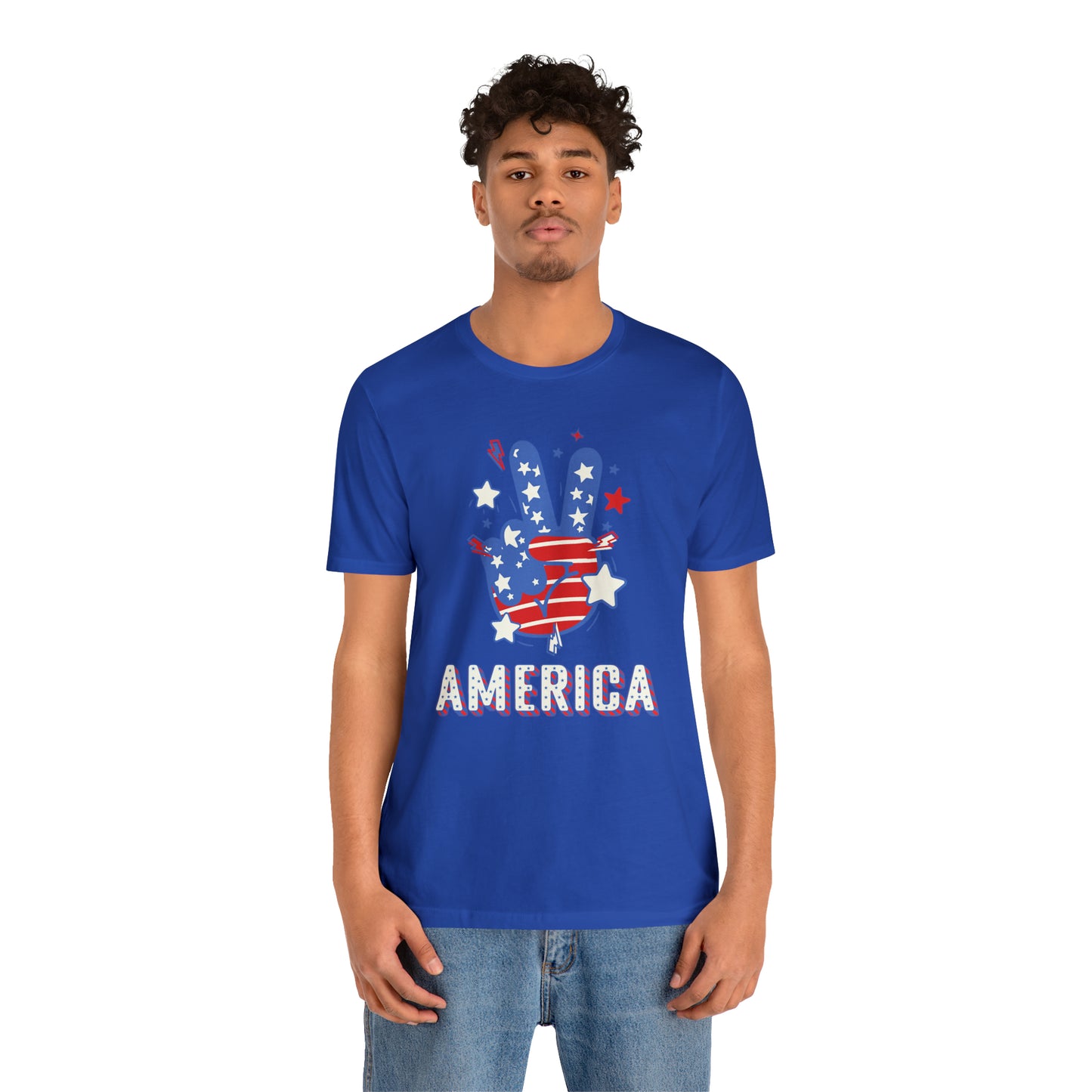 America USA Stars Peace Sign with Hands Unisex Jersey Short Sleeve Tee