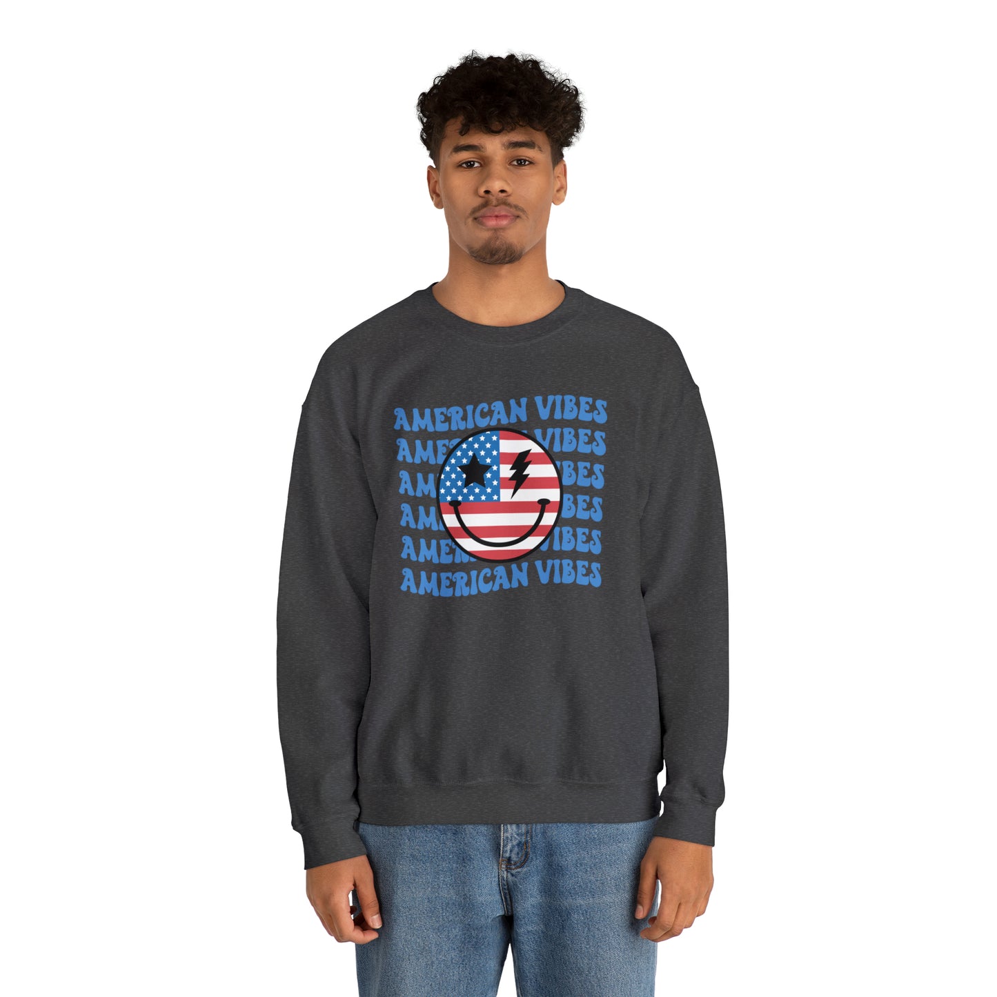 USA American Vibes Flag Smiley Face Heavy Blend™ Crewneck Sweatshirt