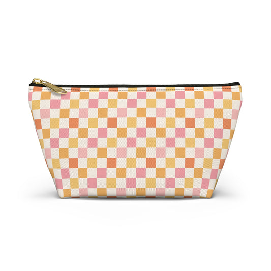 Peachy Retro Checkered -Pink/ Gold/ Orange Sherbet Print Design  Accessory Pouch w T-bottom