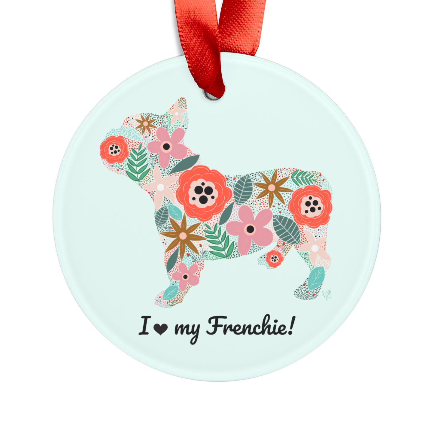 I love Floral Frenchie French Bulldog Ornament with Ribbon - light blue