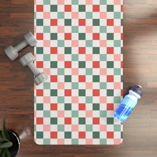 Christmas Checkerboard Green Red Sage and Pink Pattern Rubber Yoga Mat