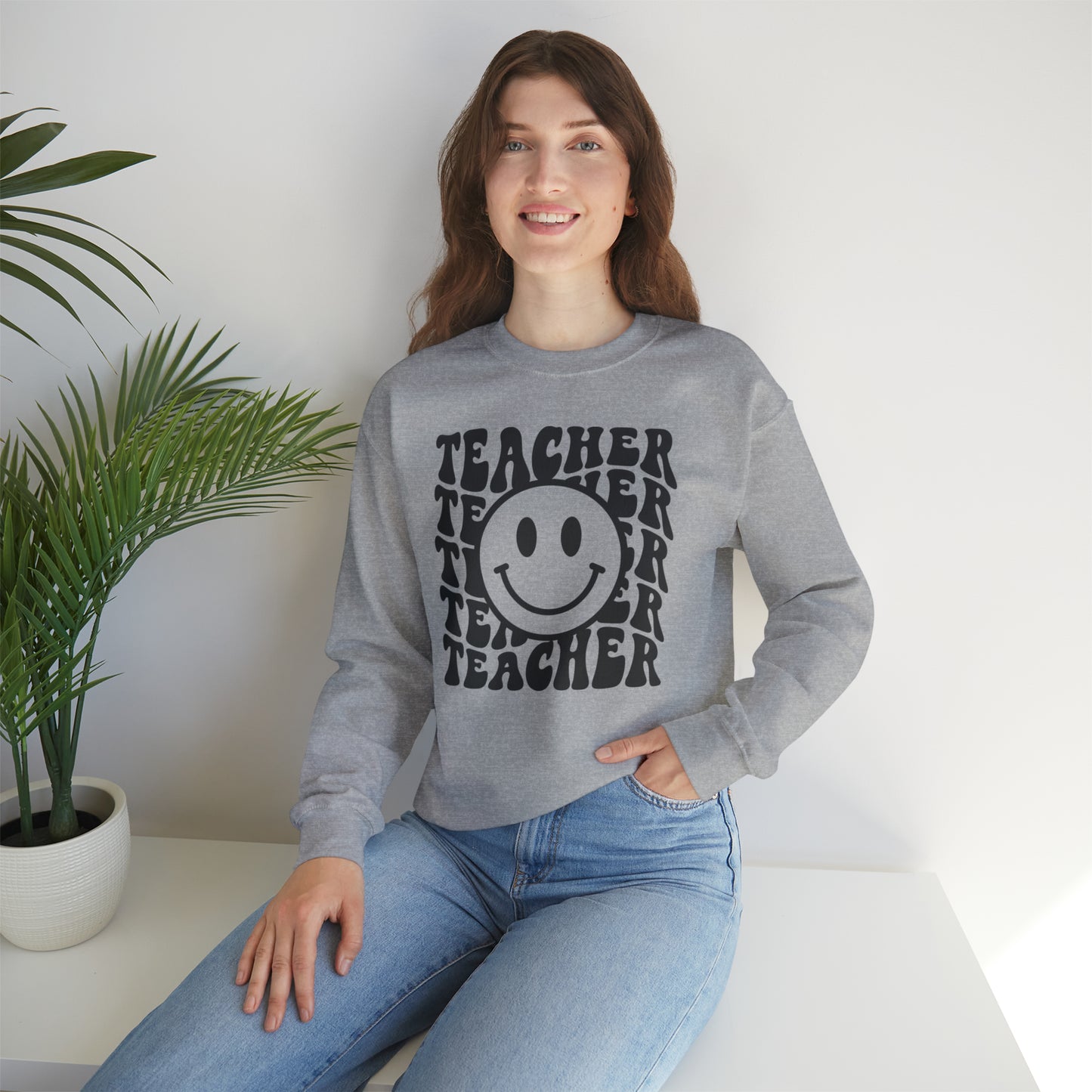 Retro Teacher with Smiley Face Black Logo Unisex Heavy Blend™ Crewneck Sweatshirt