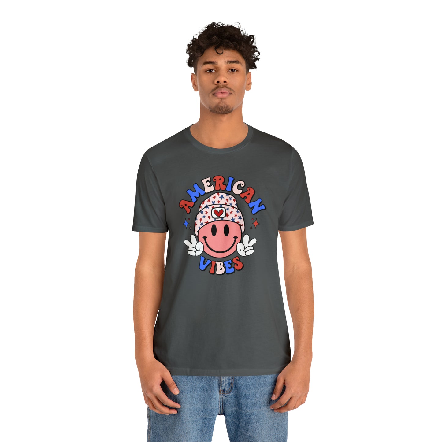 American Vibes USA Smiley Face with Stars Beanie with two hand peace signs Unisex Jersey Short Sleeve Tee