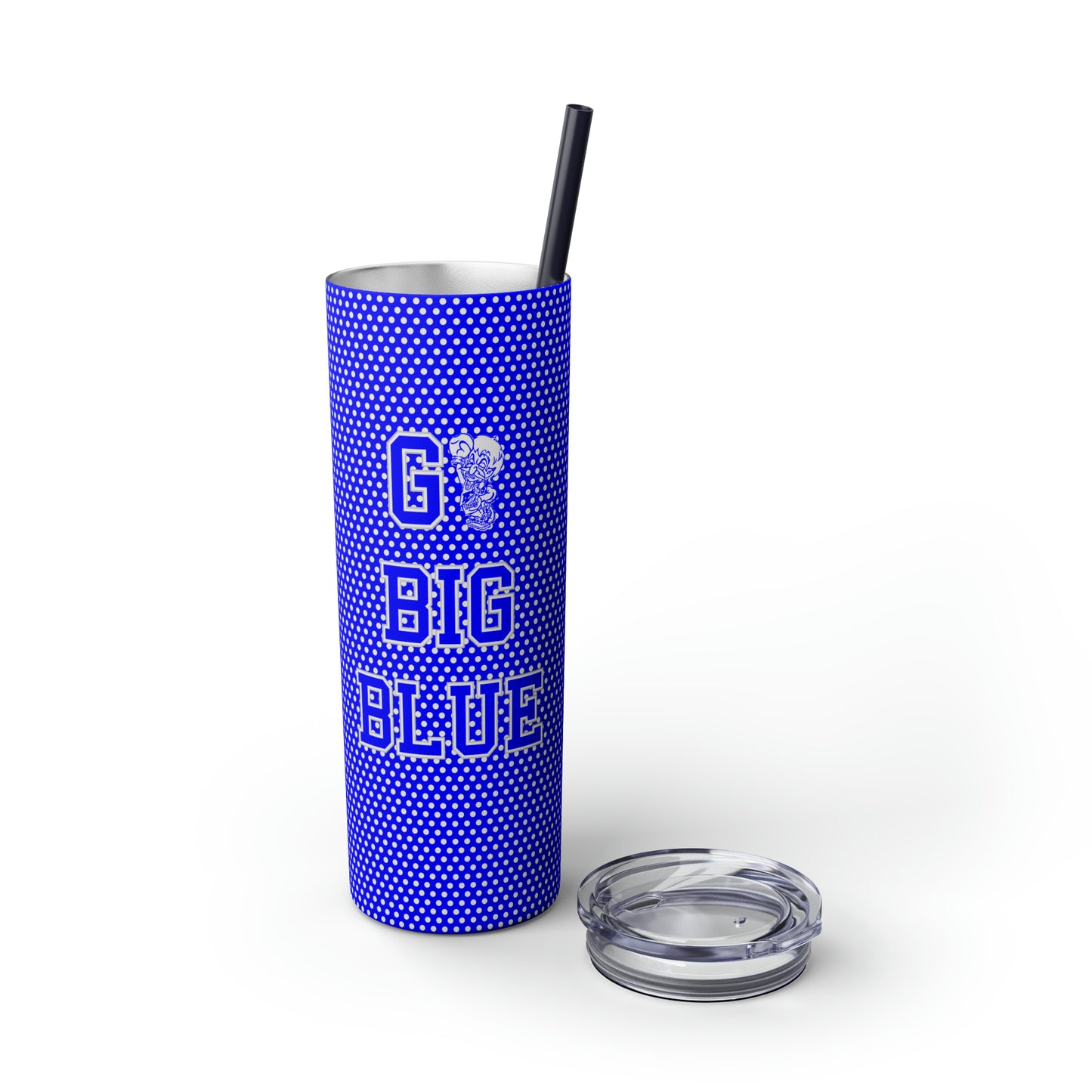 Go Big Blue Polka Dot Freeburg Midgets Skinny Tumbler with Pick your Color Straw, 20oz