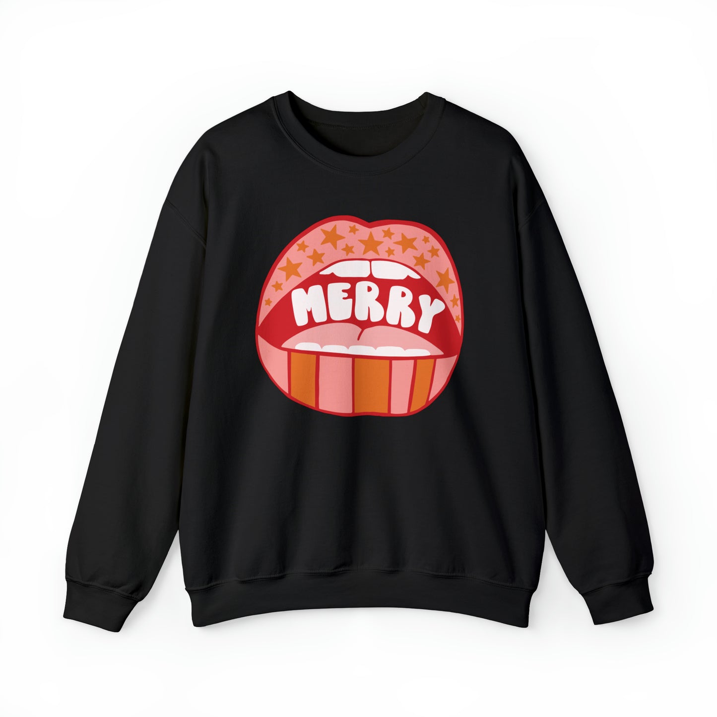 Christmas Holiday Merry Lips Stripes and Stars Unisex Heavy Blend™ Crewneck Sweatshirt