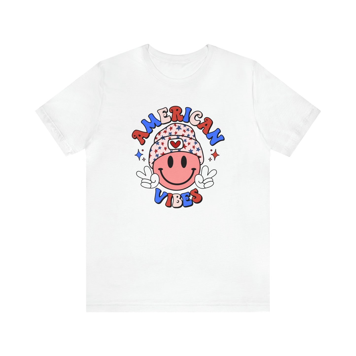 American Vibes USA Smiley Face with Stars Beanie with two hand peace signs Unisex Jersey Short Sleeve Tee