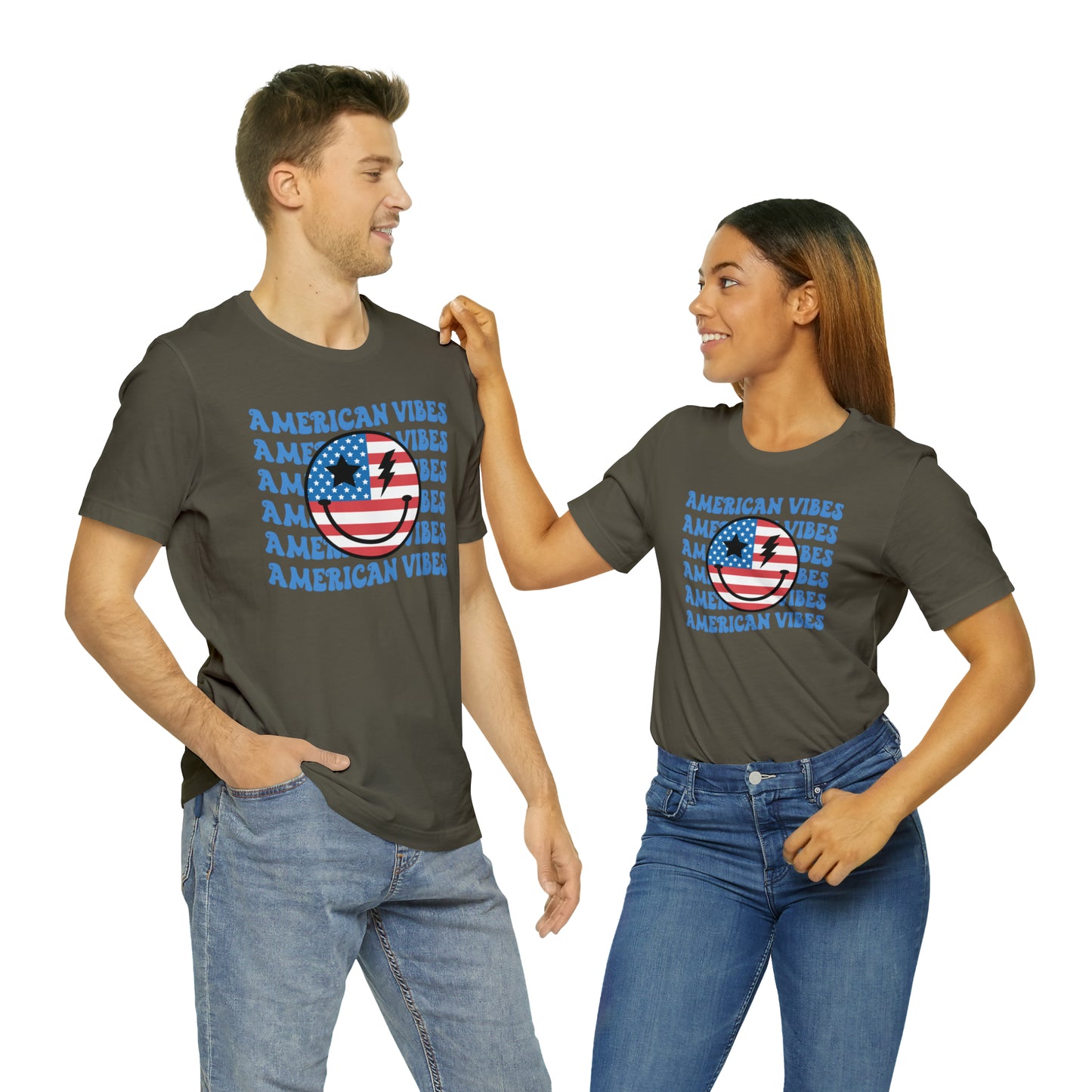 USA American Vibes American Flag Smiley Face Unisex Jersey Short Sleeve Tee