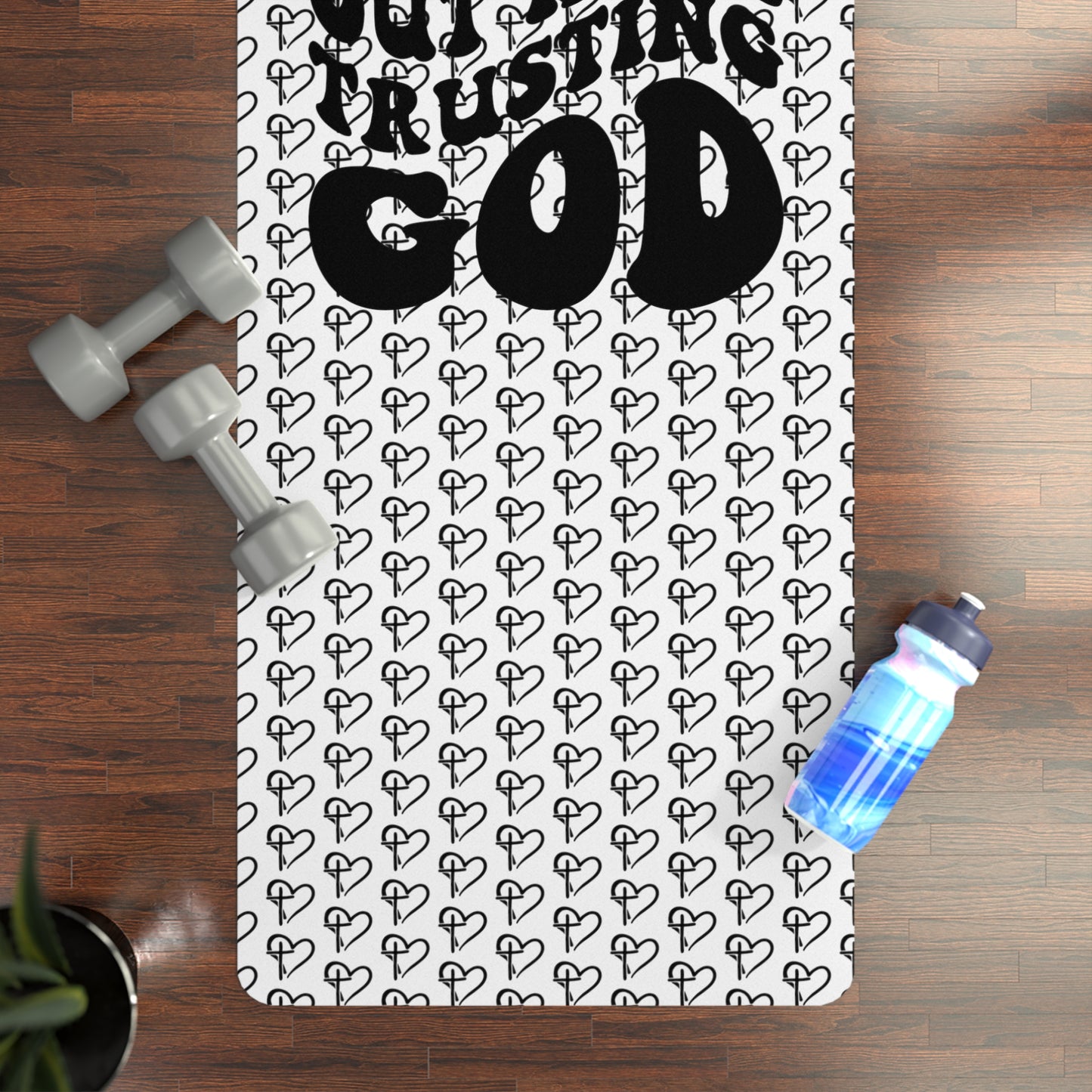 I'm Just Out Here Trusting God Cross and Heart Pattern Rubber Yoga Mat