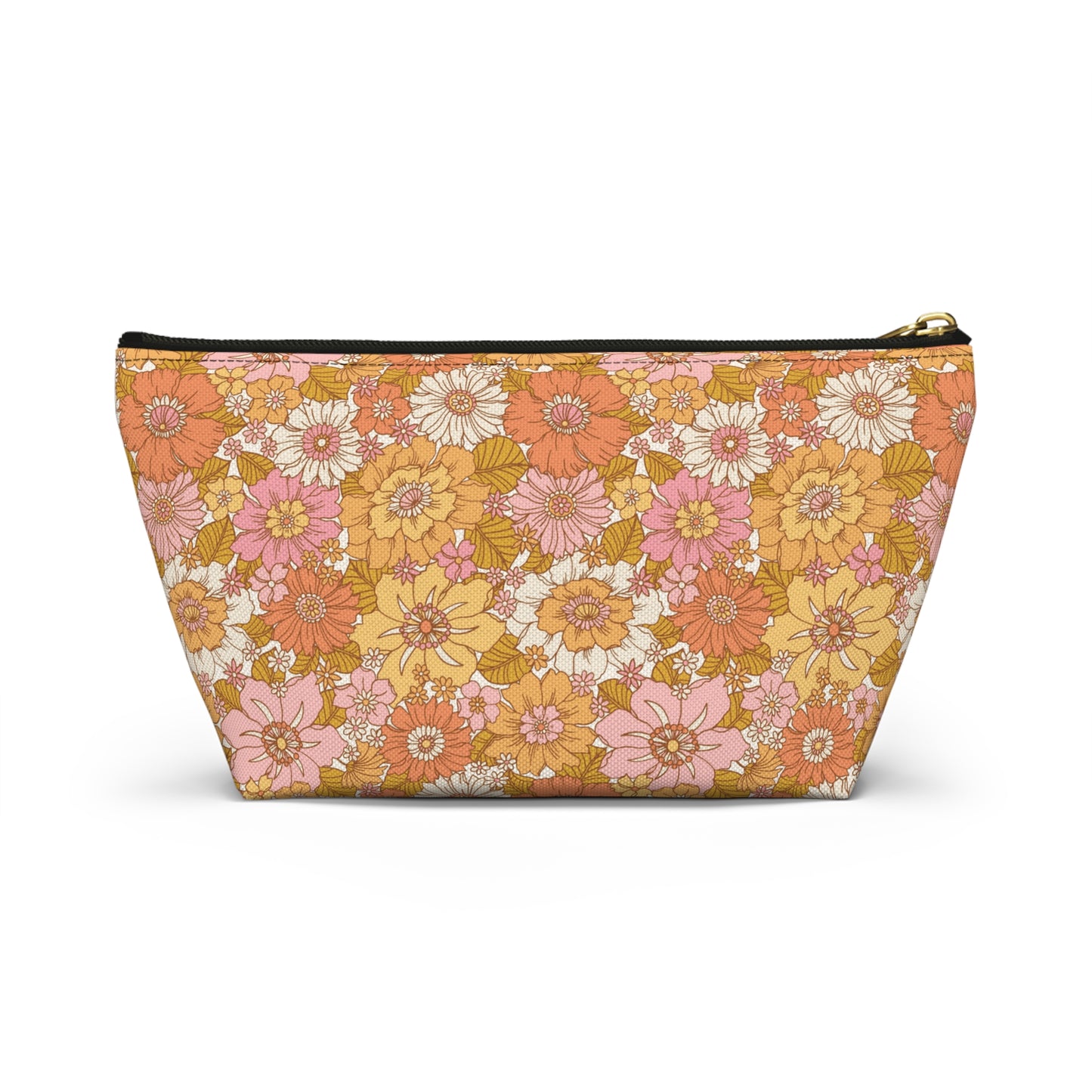 Peachy Golden Retro Floral Print Design Accessory Pouch w T-bottom