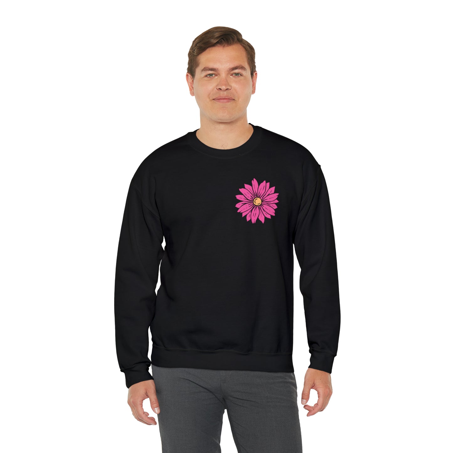 FRONT AND BACK DESIGN Positive Energy (Flower on Front and Message on Back) Font Heavy Blend™ Crewneck Sweatshirt