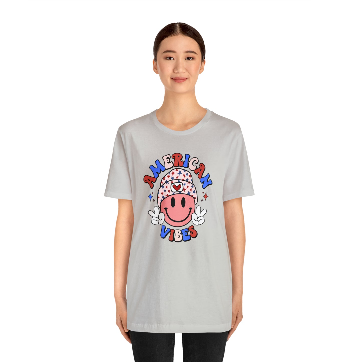 American Vibes USA Smiley Face with Stars Beanie with two hand peace signs Unisex Jersey Short Sleeve Tee