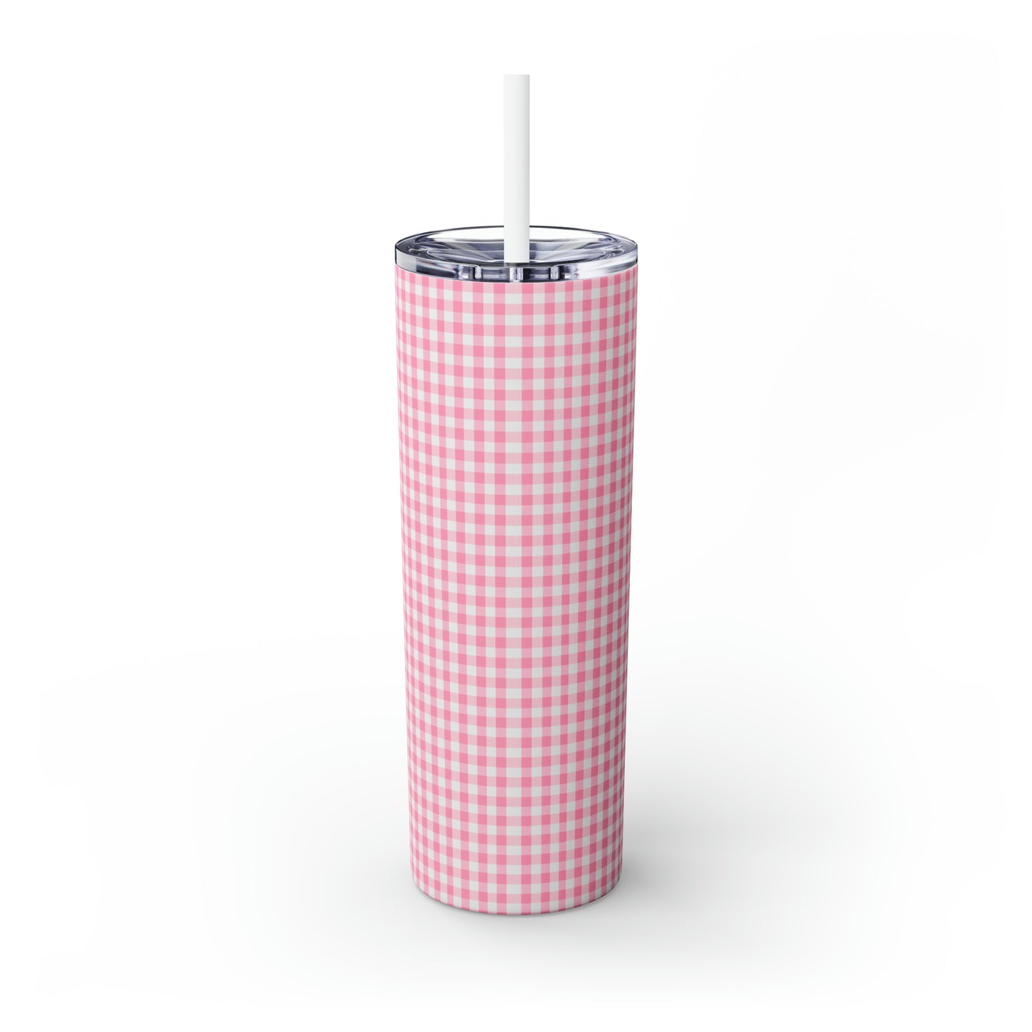 Dolly Portrait Pink Checkerboard Skinny Tumbler with Straw, 20oz