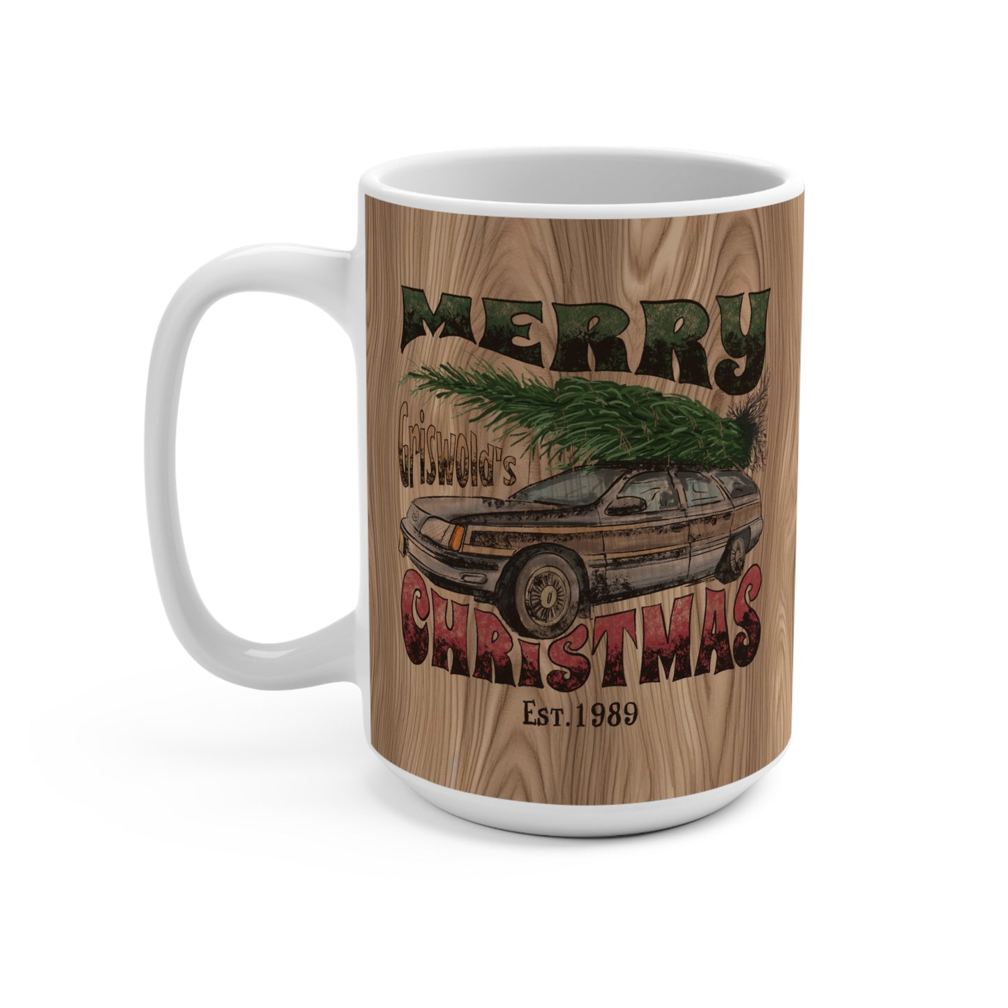 Distressed Merry Griswold's Christmas Tree Station Wagon Holiday Mug 15oz