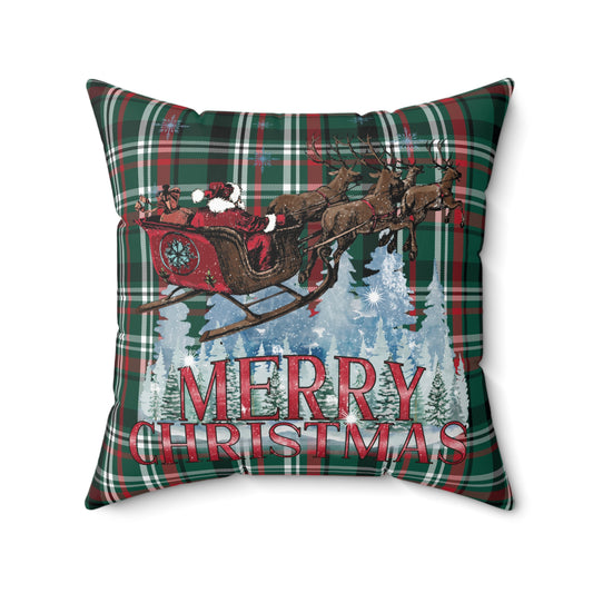 Merry Christmas Santa Sleigh and Reindeer Plaid/ Holiday Polyester Square Pillow