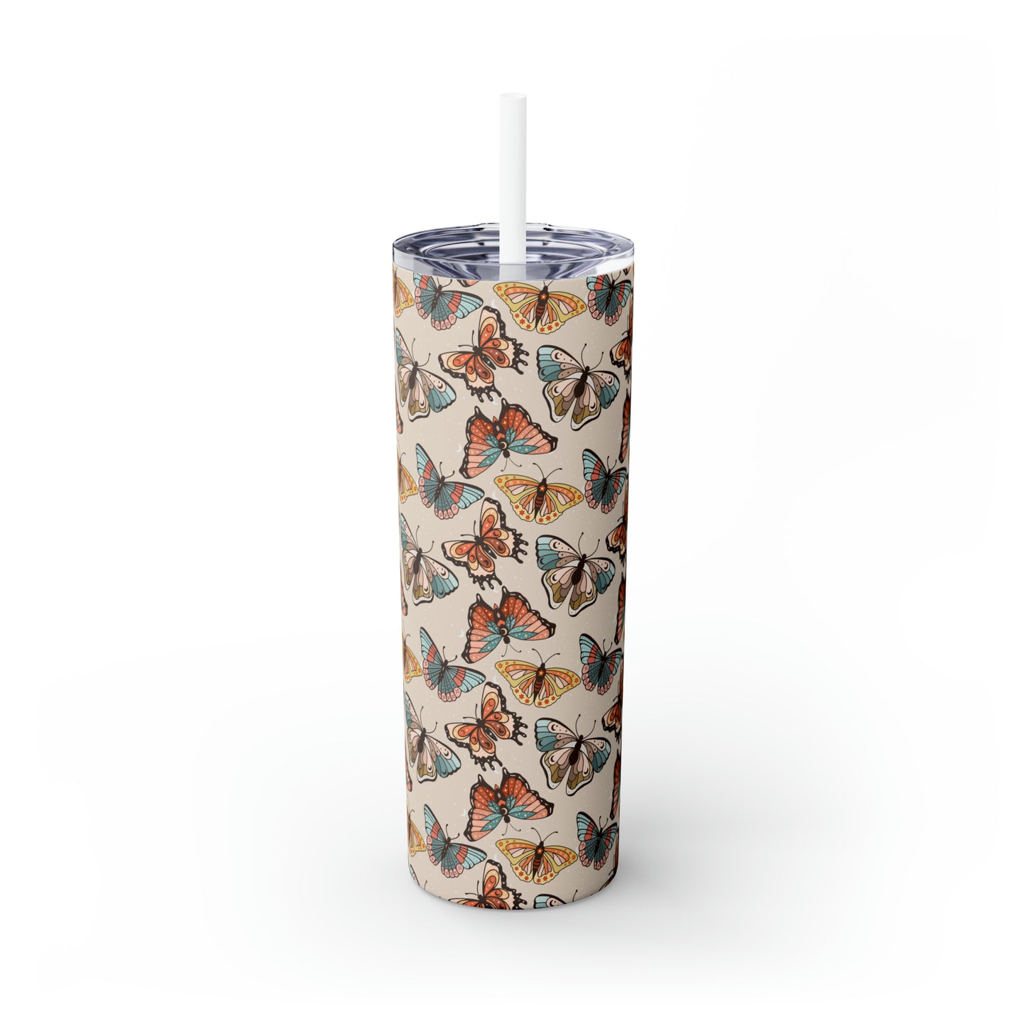 Boho Butterfly Brown Skinny Tumbler with Straw, 20oz