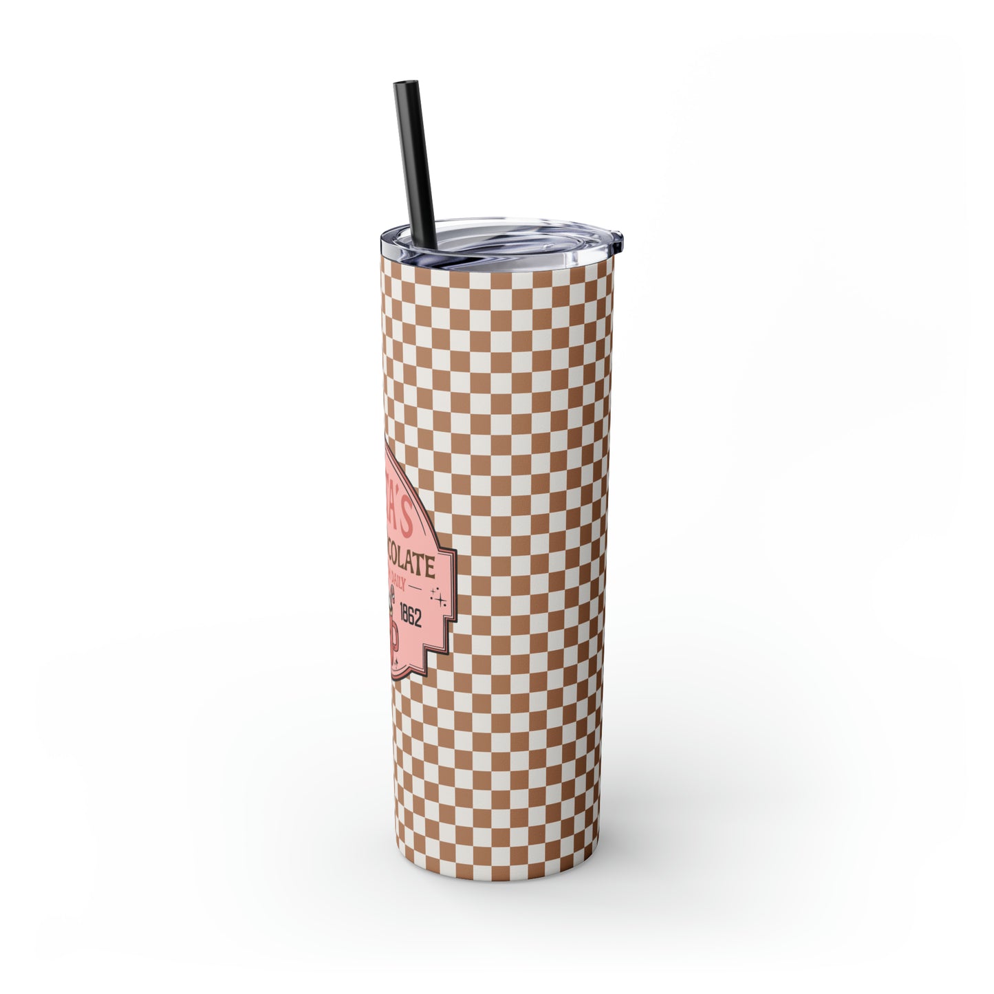 Santa's Hot Chocolate Brown Checkerboard Christmas/ Holiday Skinny Tumbler with Pick your Color Straw, 20oz