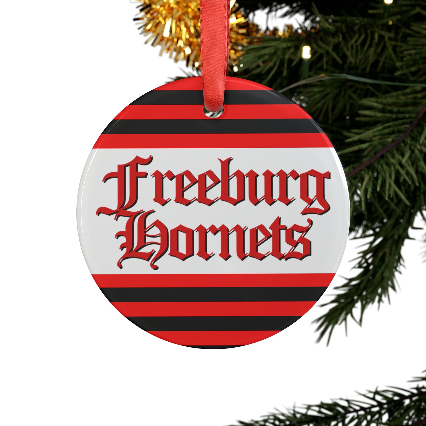 Freeburg Hornet Red and Black Striped Ornament with Ribbon - white