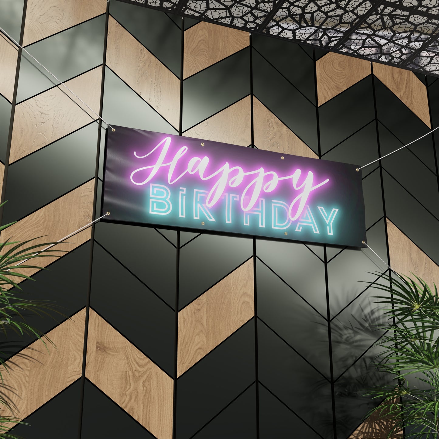 Happy Birthday Neon Font Black Matte Banner