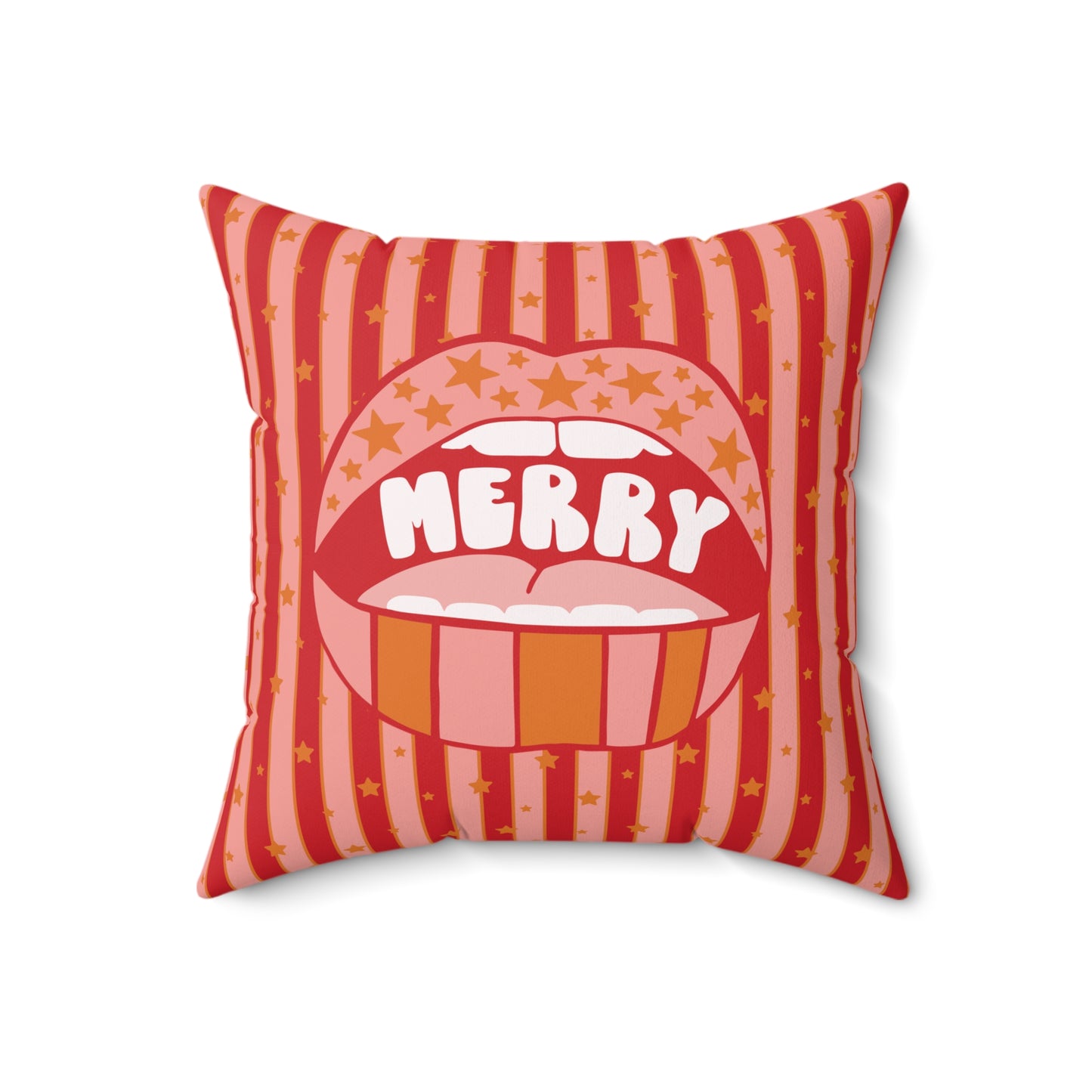 Stripes and Stars Merry Christmas Lips / Holiday Polyester Square Pillow