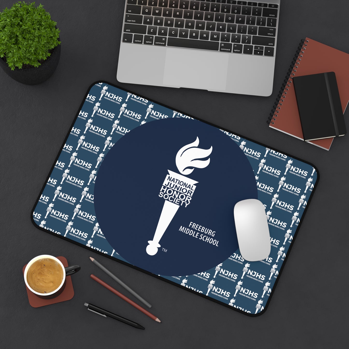 NJHS Slate Blue Pattern and Navy Mouse Circle Pattern Desk Mat