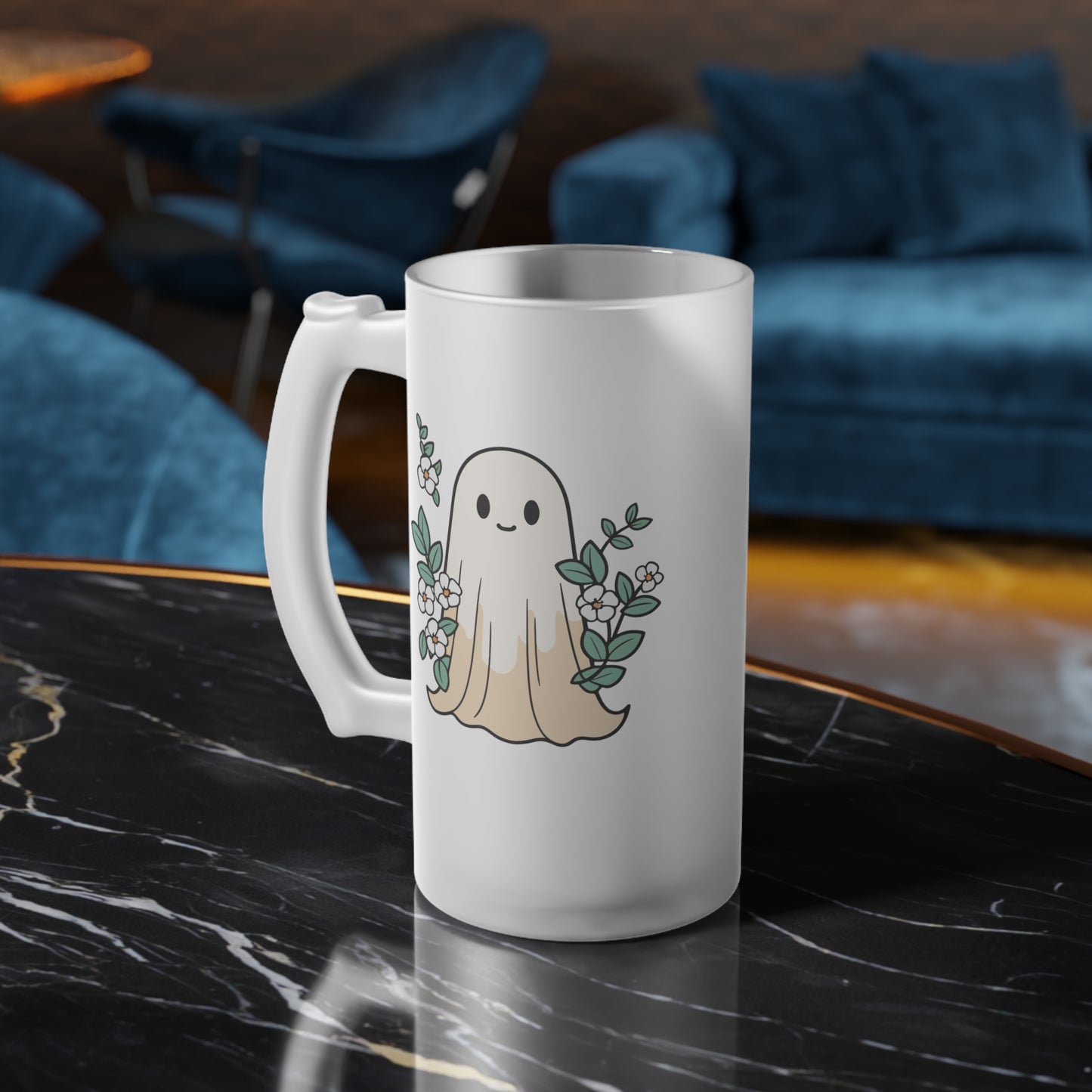 Boho Floral Ghost Fall Logo Frosted Glass Beer Mug