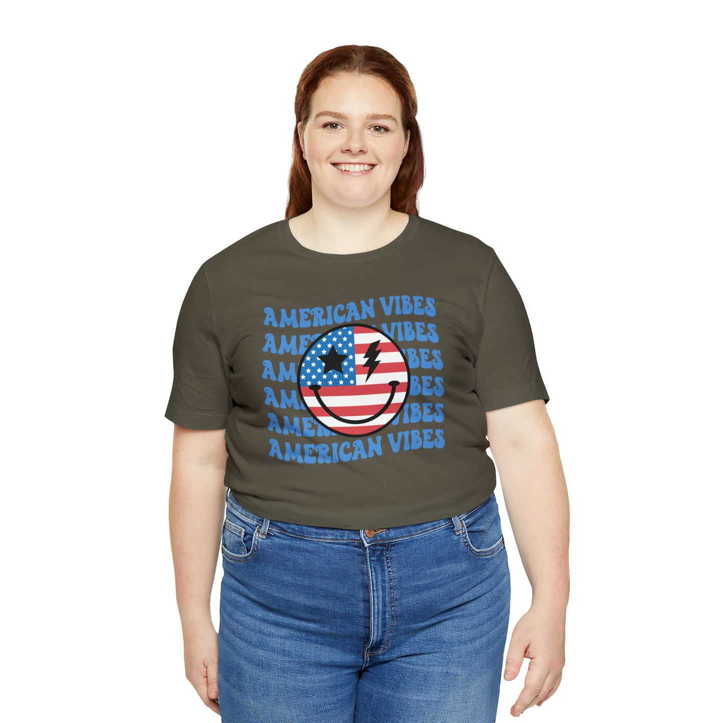 USA American Vibes American Flag Smiley Face Unisex Jersey Short Sleeve Tee