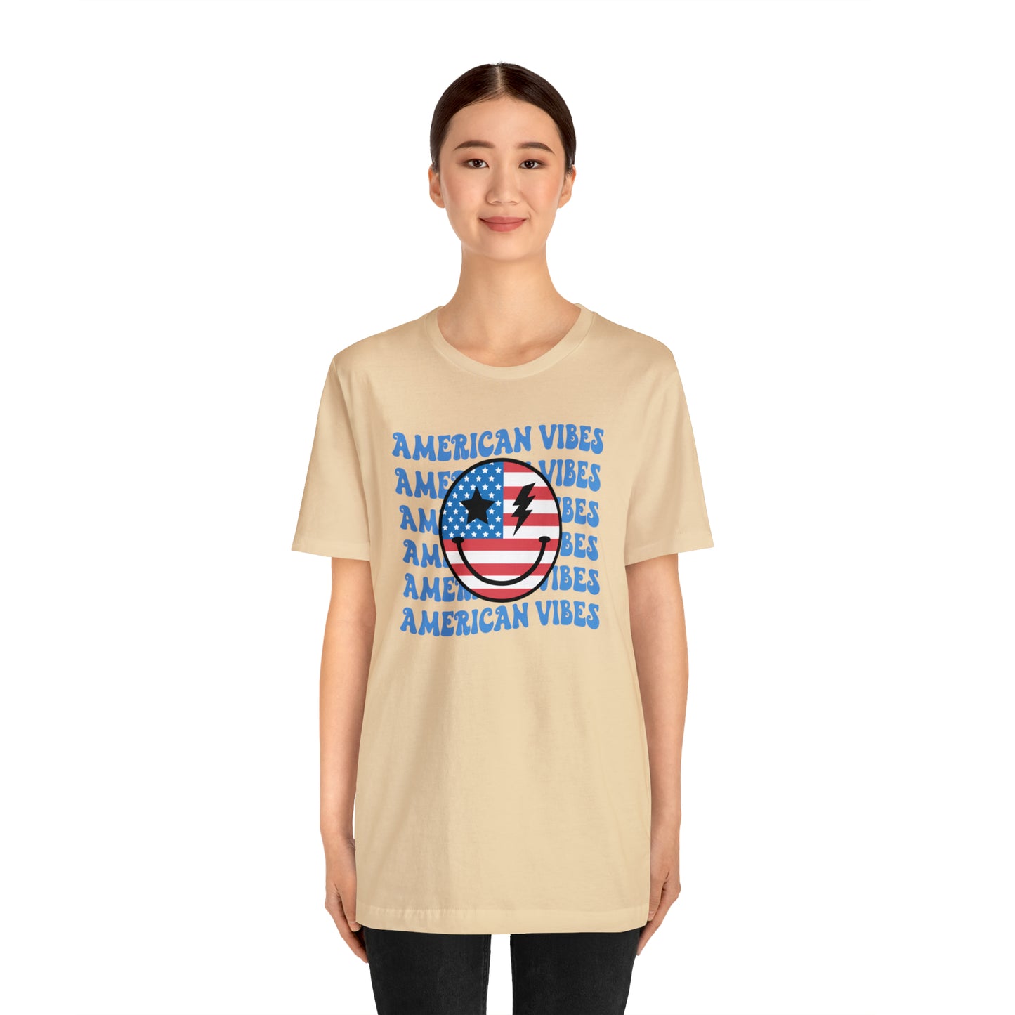 USA American Vibes American Flag Smiley Face Unisex Jersey Short Sleeve Tee