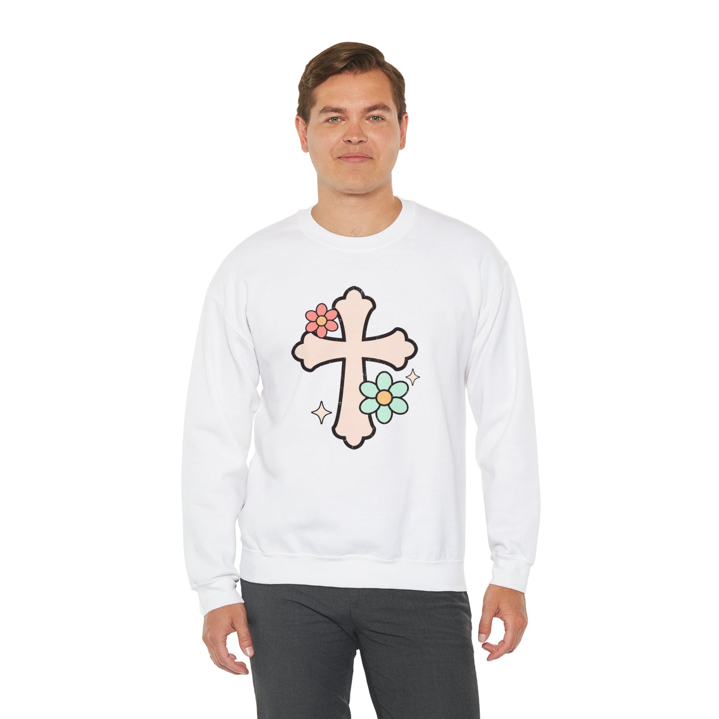 Vintage Floral Cross Design Heavy Blend™ Crewneck Sweatshirt