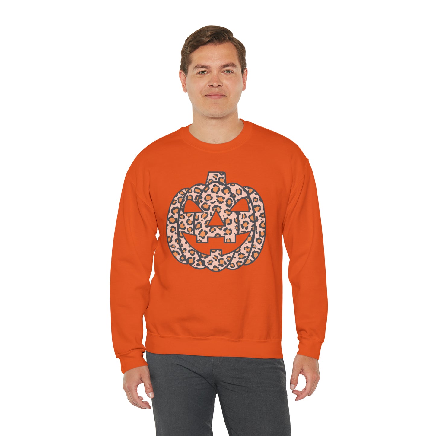 Boho Leopard Print Pumpkin Fall Halloween Retro Warm Colored  Unisex Heavy Blend™ Crewneck Sweatshirt