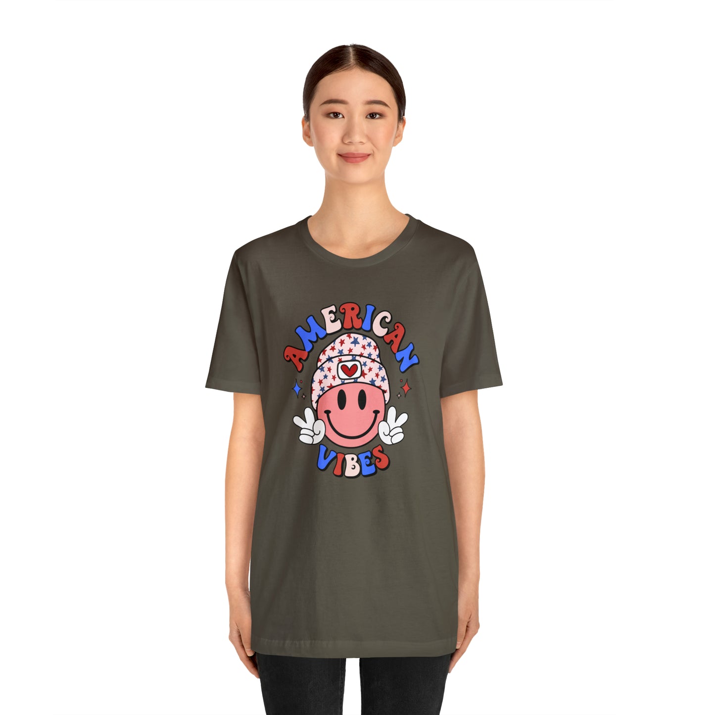 American Vibes USA Smiley Face with Stars Beanie with two hand peace signs Unisex Jersey Short Sleeve Tee