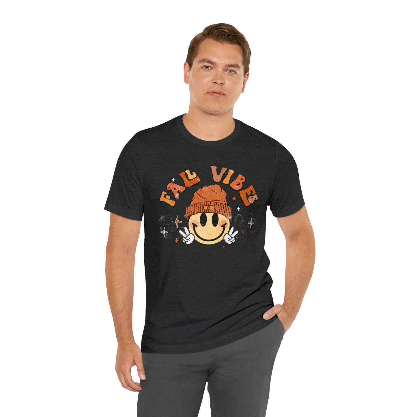 Distressed Halloween Fall Vibes Smiley Face with Beanie and Peace Sign T-Shirt